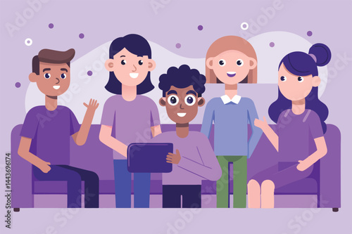 Diverse group of friends gather on a purple couch, one holds a tablet