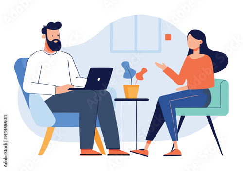 Bearded man works on laptop while dark haired woman gestures during conversation