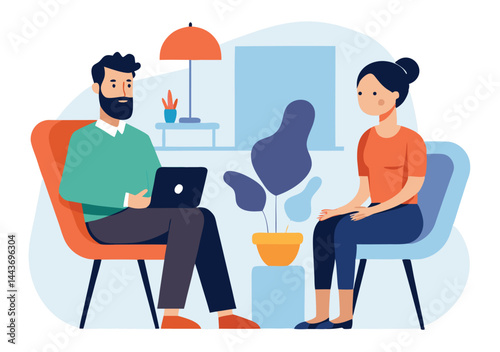 Bearded man holds laptop while woman listens attentively in a bright minimalist office setting