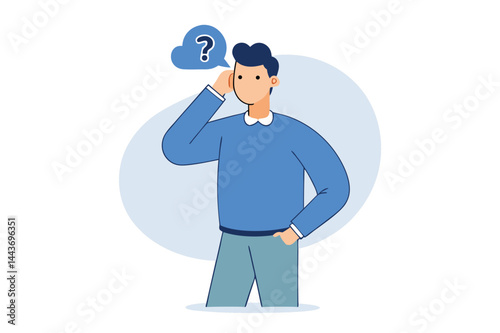 Flat man considers an issue indicated by a question mark bubble overhead, transparent background