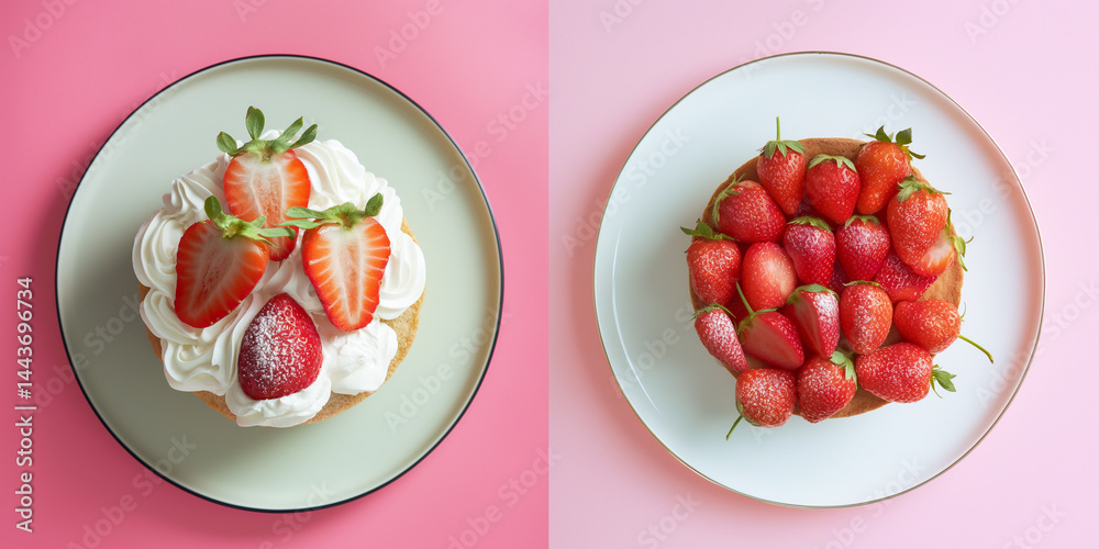 Sweet Dessert Comparison: Shortcake vs. Creamy Strawberry on Pink Background