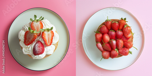 Obraz na płótnie Sweet Dessert Comparison: Shortcake vs. Creamy Strawberry on Pink Background w salonie