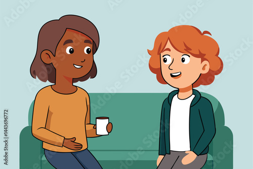 Animated African woman holding a coffee cup chats with her redhaired Caucasian friend
