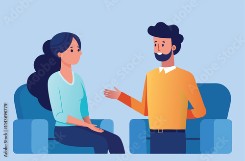 Young woman listens attentively as bearded man gestures and speaks with her clearly