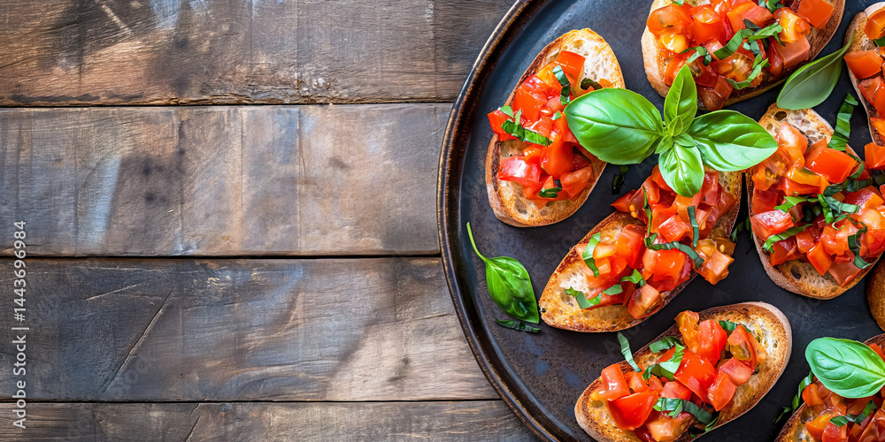 Farmhouse Flavor: Savory bruschetta piled on the right of a timber plank with open margin