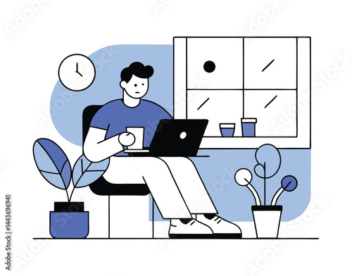 Fairskinned man holds coffee while working remotely with laptop inside home office