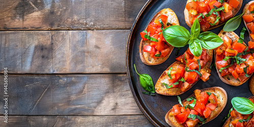 Obraz na płótnie Farmhouse Flavor: Savory bruschetta piled on the right of a timber plank with open margin w salonie