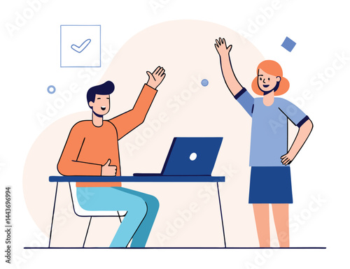 Happy woman and man enthusiastically raise their hands while working on a laptop