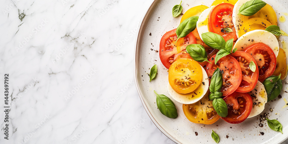 Caprese Art: Mozzarella, tomato, basil slices fanned right on marble, open white space