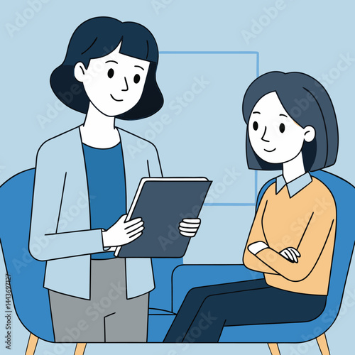 Smiling woman sits on the chair while female professional shows her the report