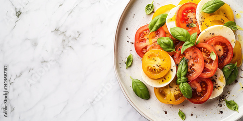 Obraz na płótnie Caprese Art: Mozzarella, tomato, basil slices fanned right on marble, open white space w salonie