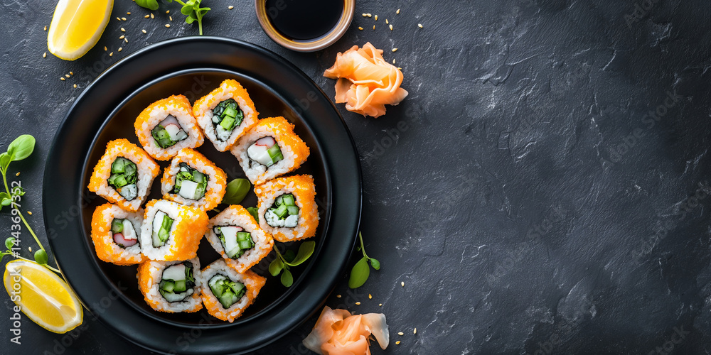 Dark Canvas Maki: Veggie sushi lined left on slate, leaving space for text