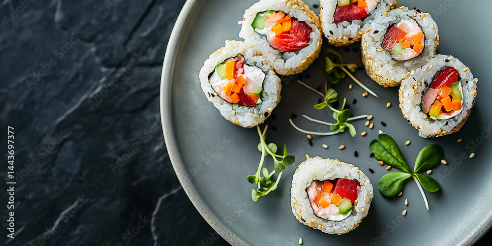 Green Rolls: Avocado and cucumber maki rest left on slate, text area right