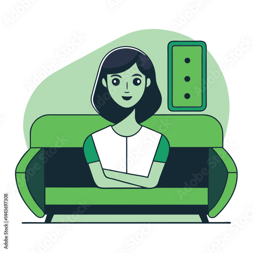 Happy woman with folded arms casually relaxes on the green couch in comfort