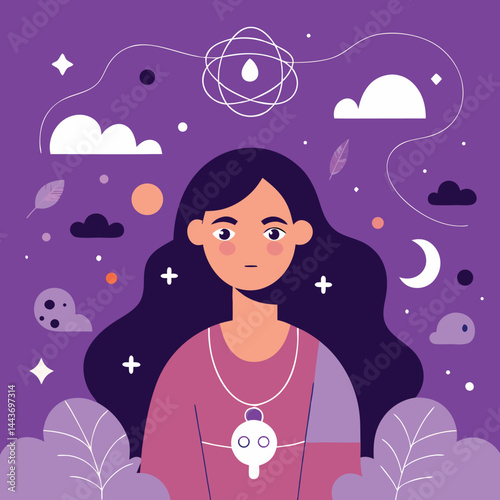 Pensive girl surrounded by celestial elements embodies quiet contemplation within an ethereal and cosmic themed scene