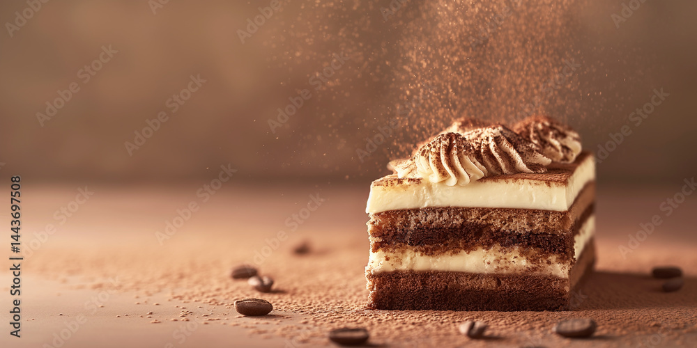 Cocoa Indulgence: Dark cocoa cake slice with glossy ganache on the right, open beige area