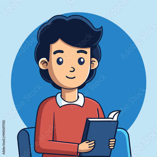 Animated Asian student enjoys reading a blue hardcover book while sitting on a chair