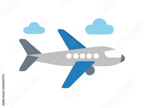A modern airplane soaring through a bright sky, with fluffy clouds scattered around. This illustration depicts a journey, adventure, and the freedom of flight. 