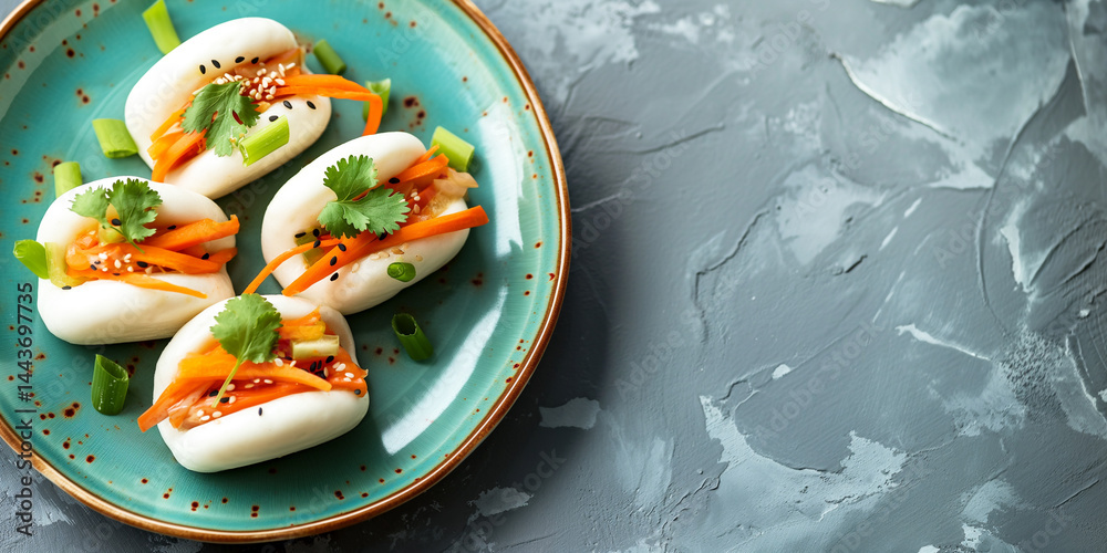 Modern Dim Sum: Bao buns align on aesthetic plate with blank space beside