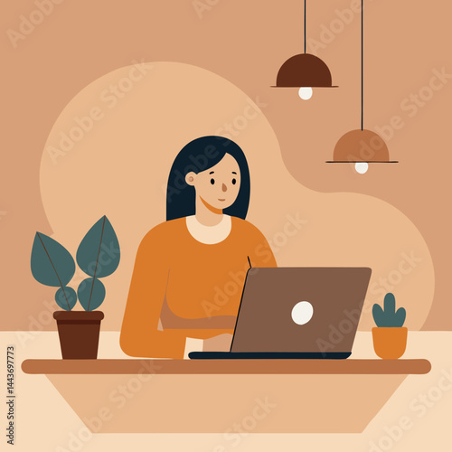 Pretty young girl works on the laptop with plants and lamps at home