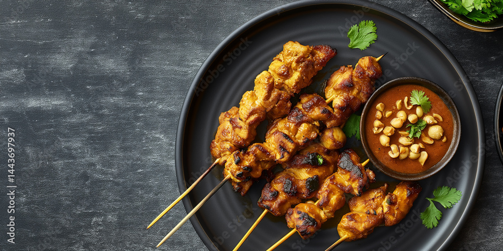 Sauce Accent: Chicken satay on plate with signature peanut dip, blank field for text
