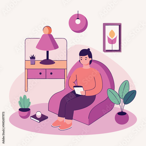 Young person relaxes in cozy room holding tablet while sitting in purple armchair