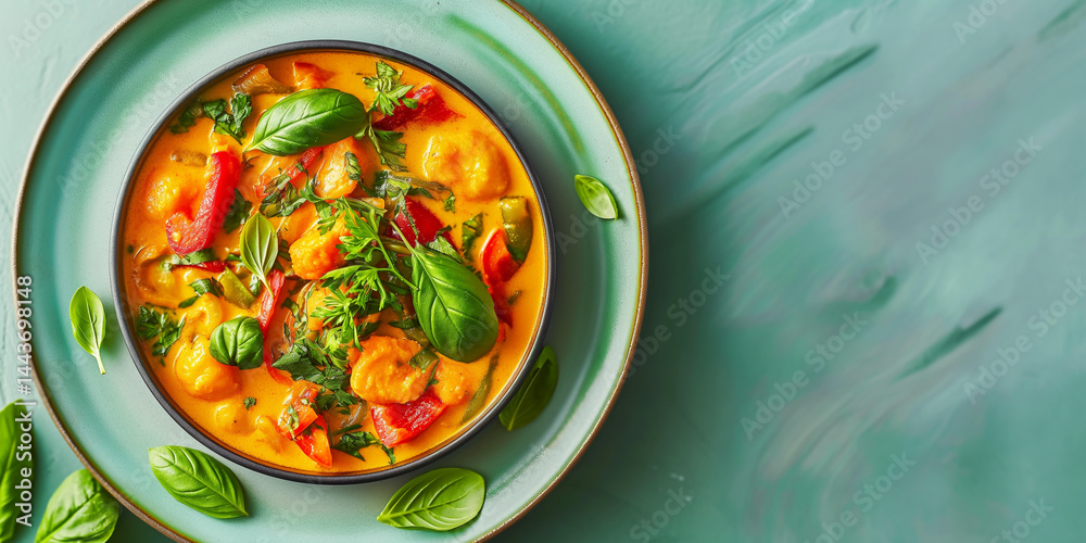 Curry Clarion: Overhead view of creamy coconut curry in a modern bowl, steam lifting
