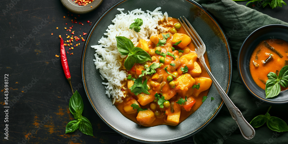 Bowl of Warmth: Coconut curry captured from above, layers of spice and garnish visible