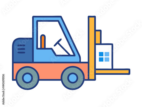A vibrant illustration of a forklift carrying a package. It is isolated against the background and depicts the industry, machinery, and transport. 