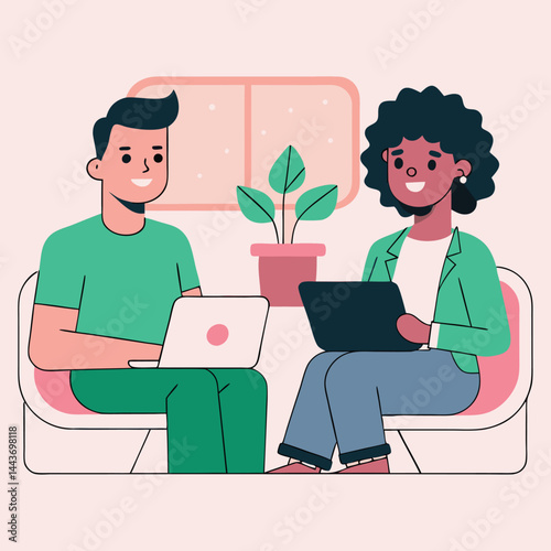 Smiling man and AfricanAmerican woman use laptops while sitting on stylized pink chairs indoors