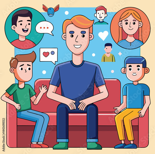 Two young men are sitting with a redhead man surrounded by friends' heads