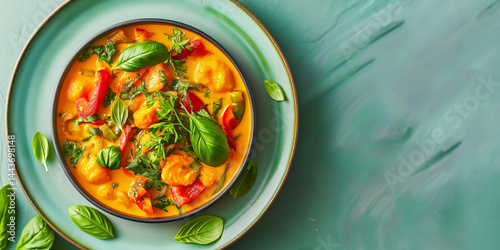 Obraz na płótnie Curry Clarion: Overhead view of creamy coconut curry in a modern bowl, steam lifting
w salonie
