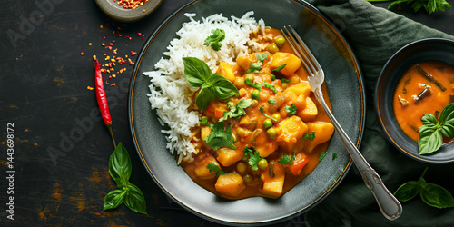 Obraz na płótnie Bowl of Warmth: Coconut curry captured from above, layers of spice and garnish visible w salonie