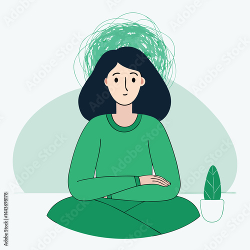 Dark haired woman with crossed arms meditates under abstract mental clutter calmly