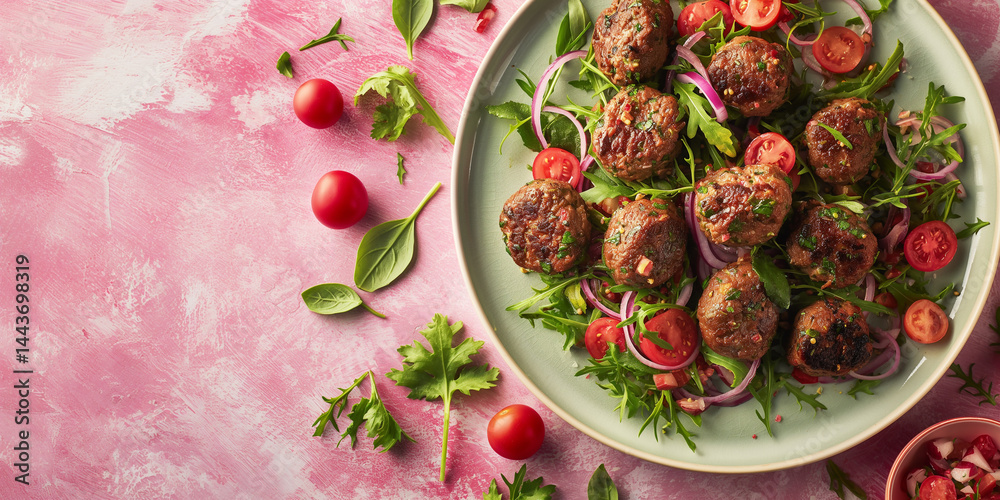Blush Feast: Kofta and vibrant salads set on soft pink field with open margins