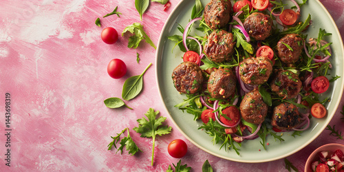 Obraz na płótnie Blush Feast: Kofta and vibrant salads set on soft pink field with open margins w salonie