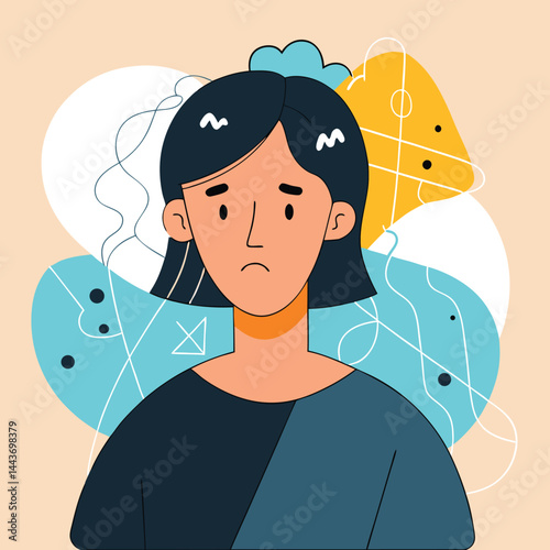Sad young woman conveys a gloomy mood with geometric abstract shapes surrounding her portrait