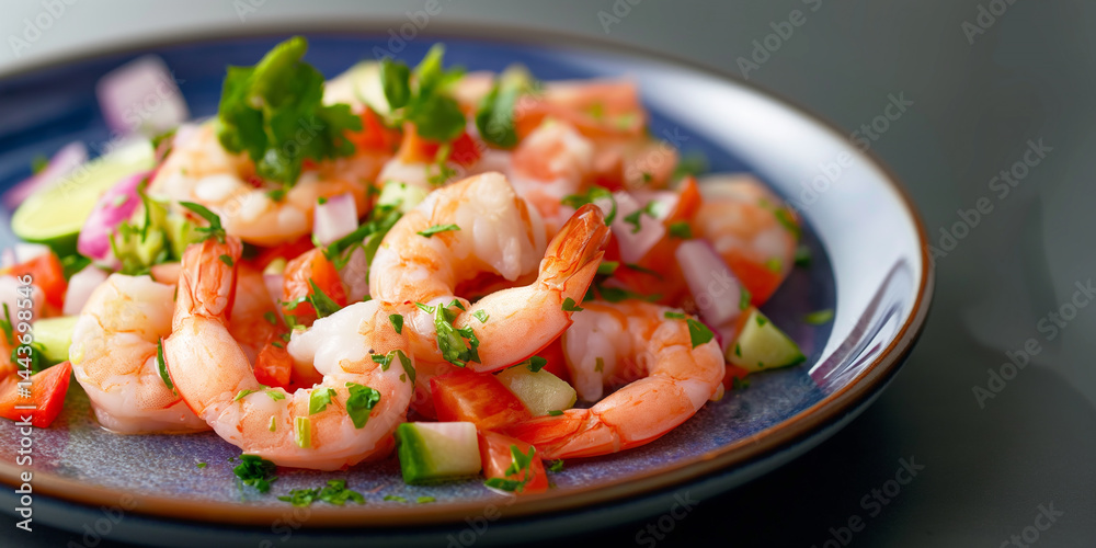 Fresh Burst: Shrimp ceviche arranged on plate, luxury minimalist presentation