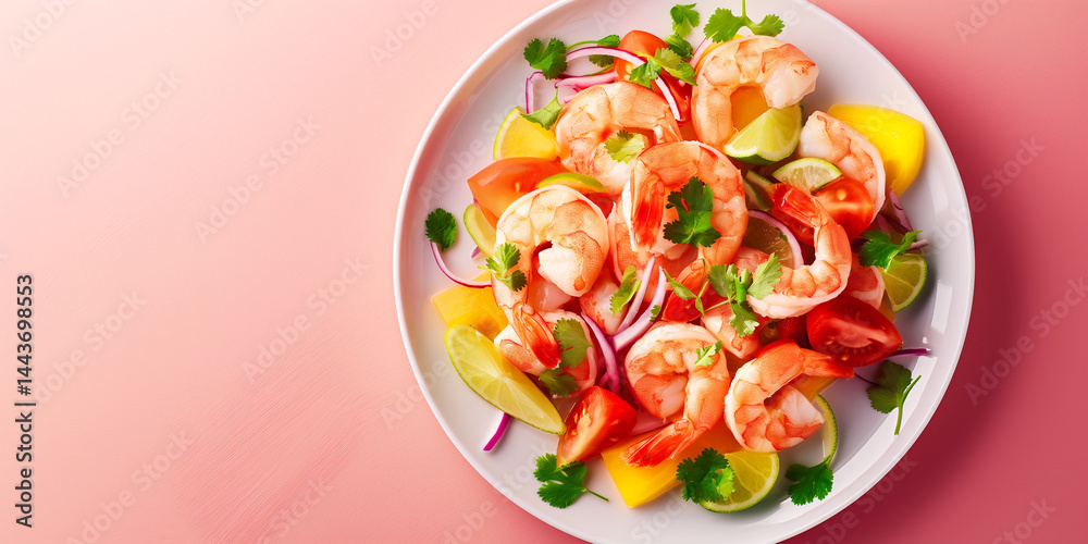 Coral Catch: Seafood salad on pink backdrop, leaving room for copy