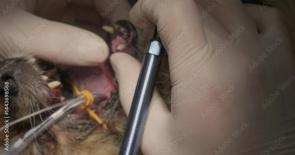 Veterinary surgeon delicately removes an epulis tumor from a dog's gum using a precise laser scalpel, ensuring the animal's comfort and well-being during the procedure.