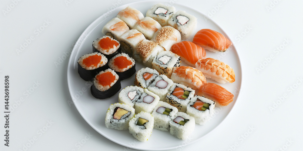 Whiteplate Sushi: Fresh nigiri and maki displayed neatly on a blank background, perfect for text