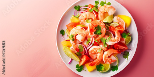 Coral Catch: Seafood salad on pink backdrop, leaving room for copy