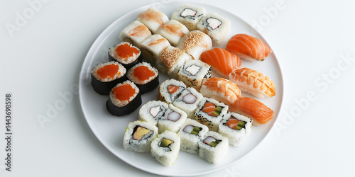 Obraz na płótnie Whiteplate Sushi: Fresh nigiri and maki displayed neatly on a blank background, perfect for text w salonie