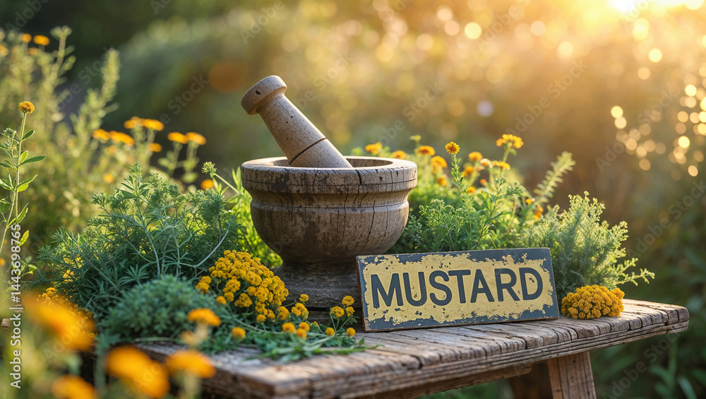 sign with the inscription mustard, fresh herbs on the table, sunny day