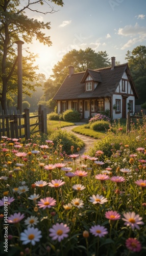 Wallpaper Mural A peaceful cottage in the countryside with blooming wildflowers, wooden fences, and warm golden sunlight over a garden path Generative AI Torontodigital.ca
