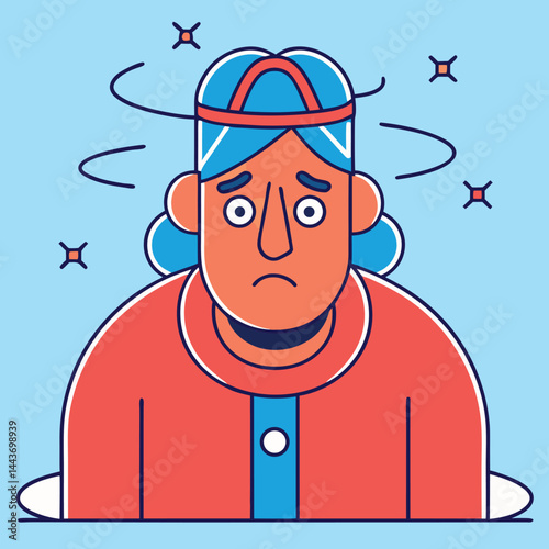 Cartoon man with a headache, wearing hat and coral shirt, is dizzy