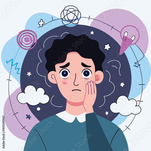 Tearful boy with curly dark hair holds face with worry amidst abstract shapes
