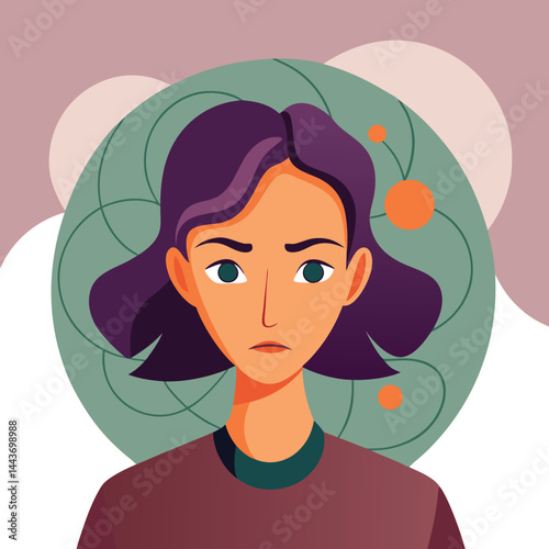 Illustrated young woman with purple hair shows sad expression in front of circular shapes