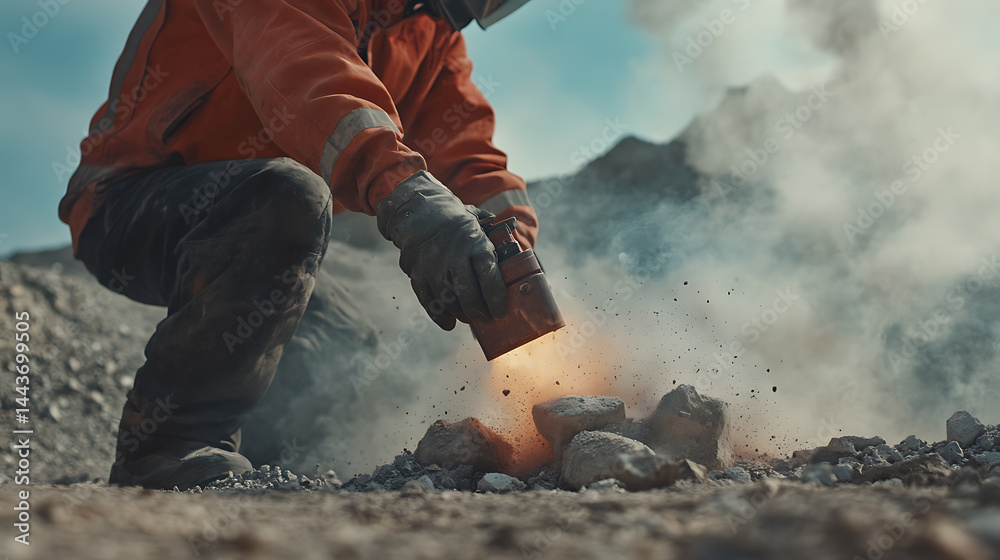 Worker Using Torch on Rocks in Industrial Setting Worker Using Torch on Rocks in Industrial Setting
