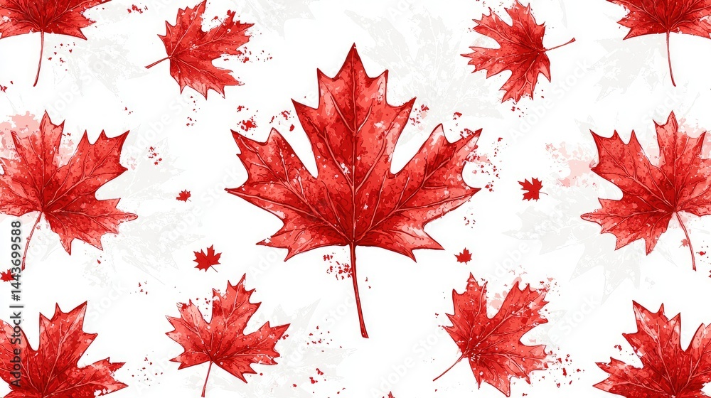 Vibrant red maple leaves pattern on white background Vibrant red maple leaves pattern on white background